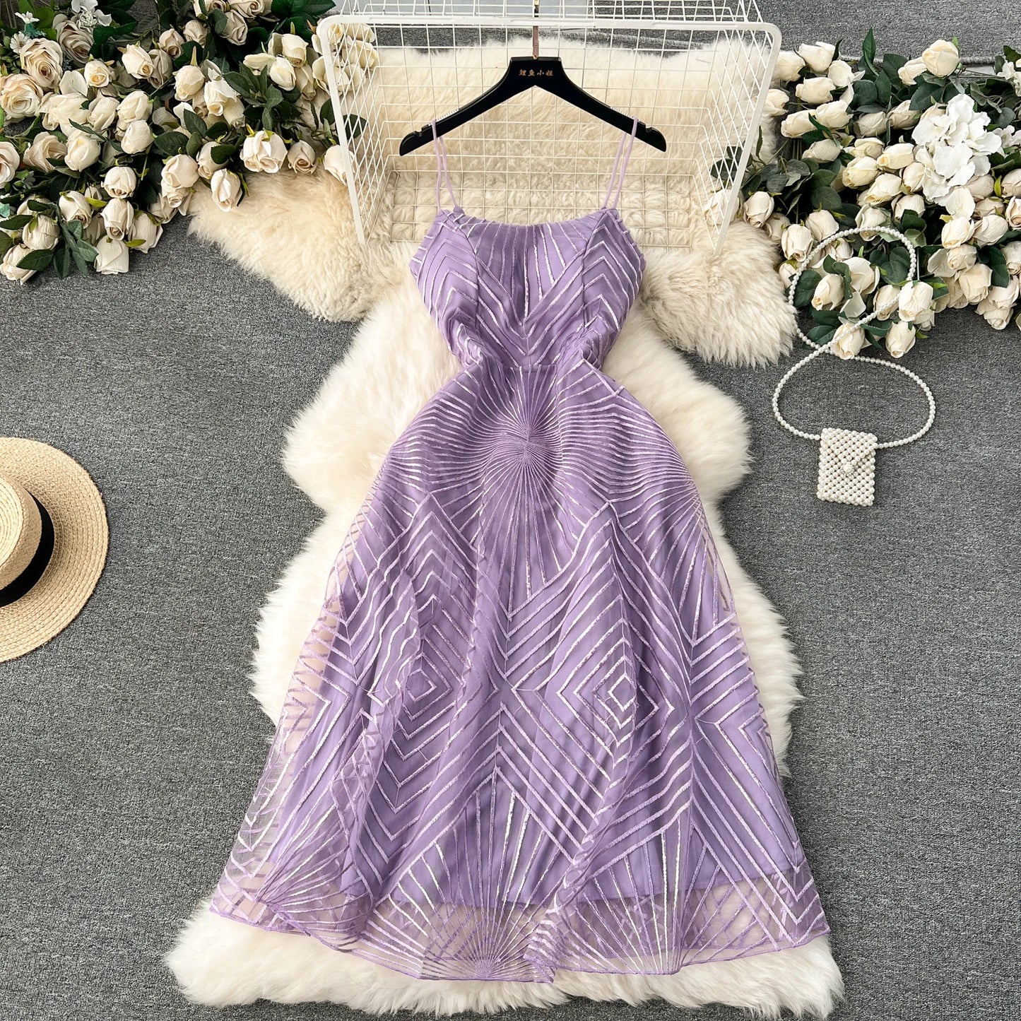 Luxury Mesh Party Dress – Embroidered Spaghetti Strap Gown