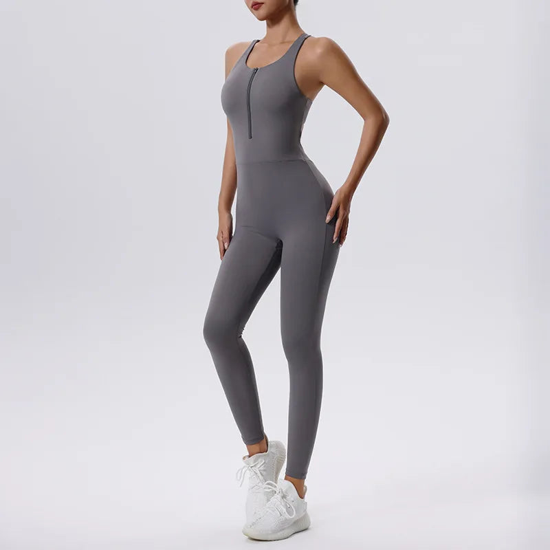 Women’s One-Piece Zipper Yoga Bodysuit – Slim Fit Workout Jumpsuit