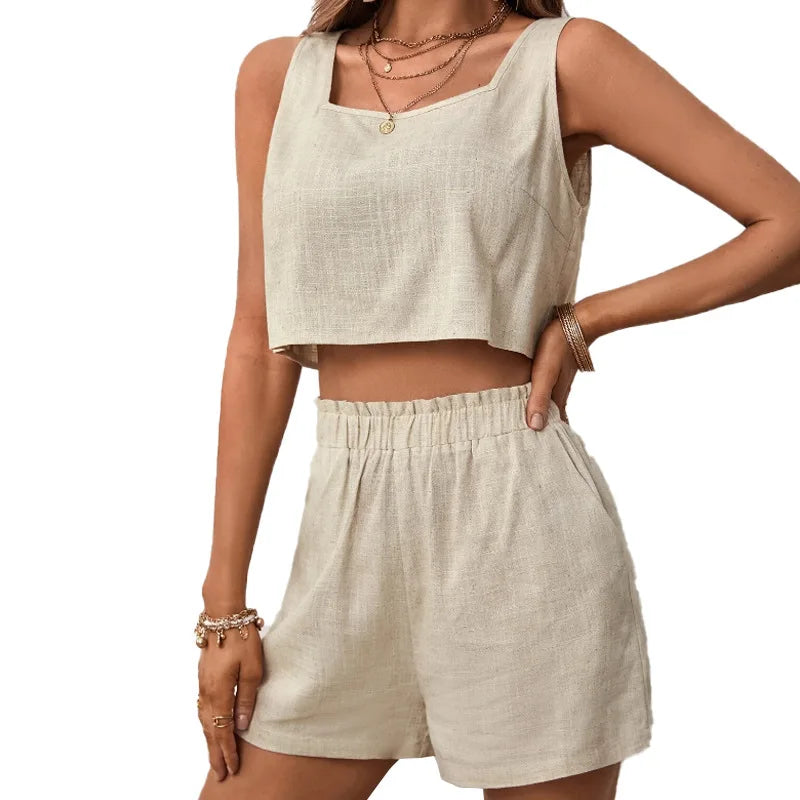 Women’s Cotton Linen Summer Set – Sleeveless Open-Back Top & Shorts