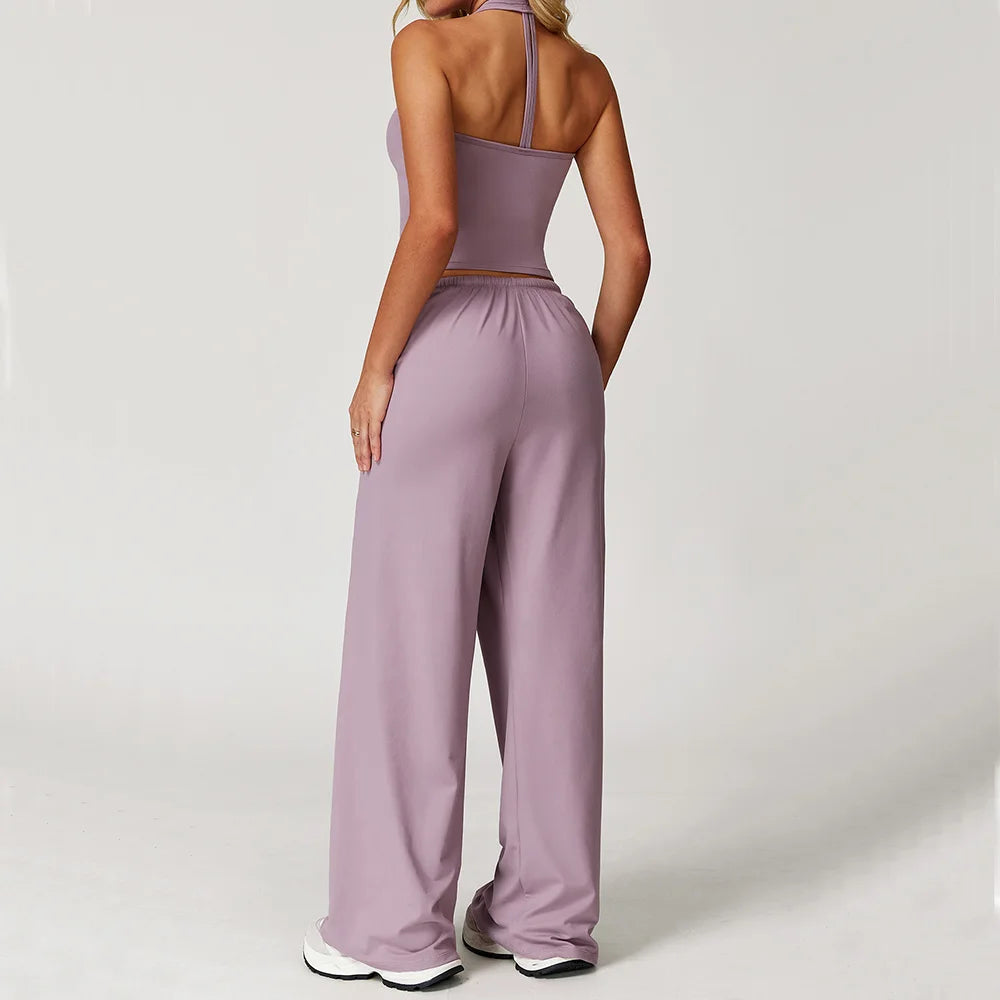 2PCS Women's Yoga Set – Strappy Top with High-Waisted Wide-Leg Pants