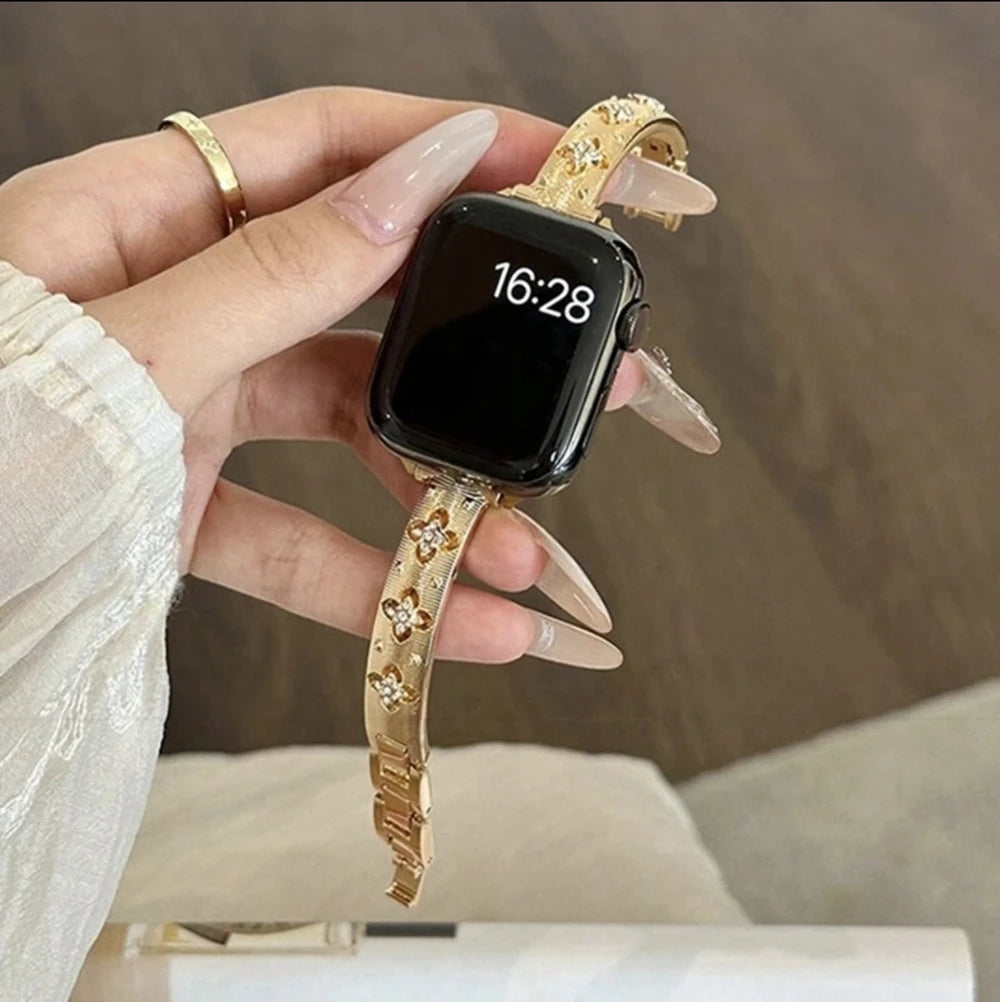 Luxury Bling Gold Stainless Steel Bracelet for Apple Watch – Crystal Decorated Women’s Band
