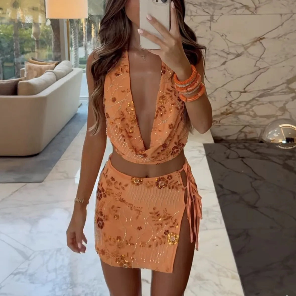 Women’s Club Party 2-Piece Set – Backless Sequin Crop Top + Tie-Up Pencil Skirt