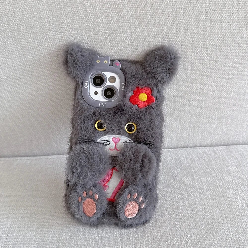 Funny Cat or Bear Furry Soft Plush Phone Case – For iPhone 11 to 16 Pro Max