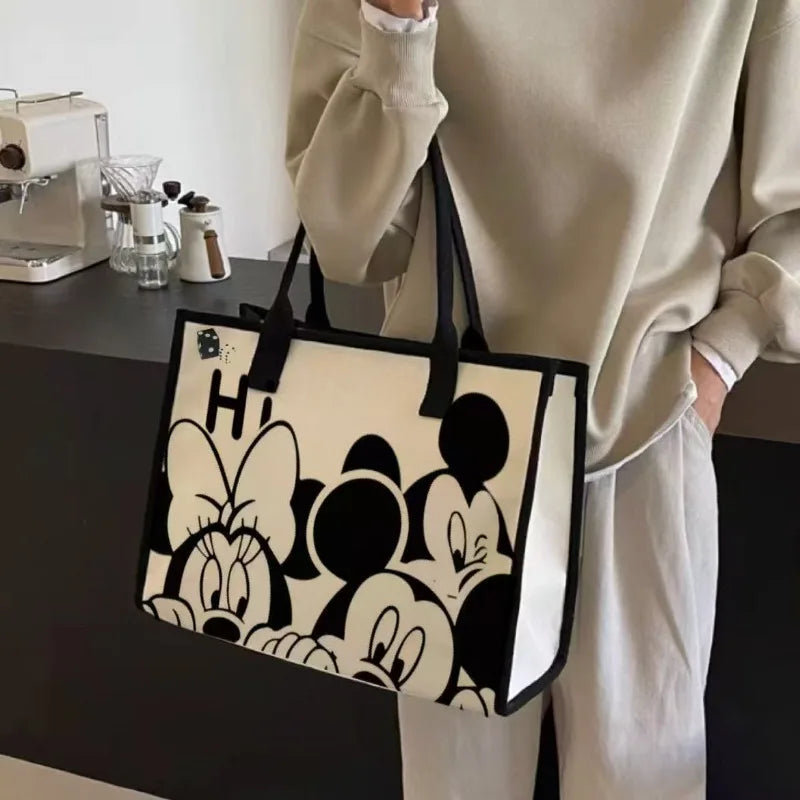 Disney Mickey & Minnie Canvas Tote – Large Capacity Graffiti Style Shoulder Bag for Daily & Student Use