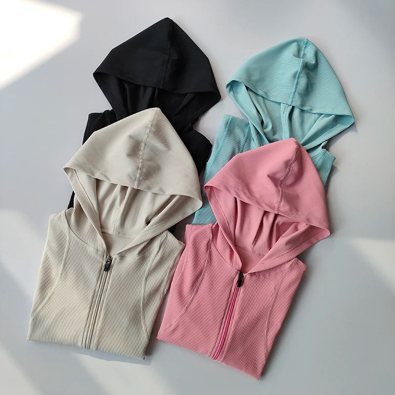 Women’s Slim Fit Hooded Jacket – Long Sleeve Sports Coat with Thumb Holes