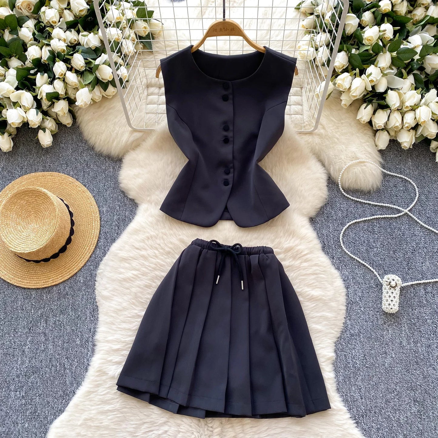 SINGREINY Elegant Solid OL Sets Blouse + Pleated Skirt – Two-Piece Suit
