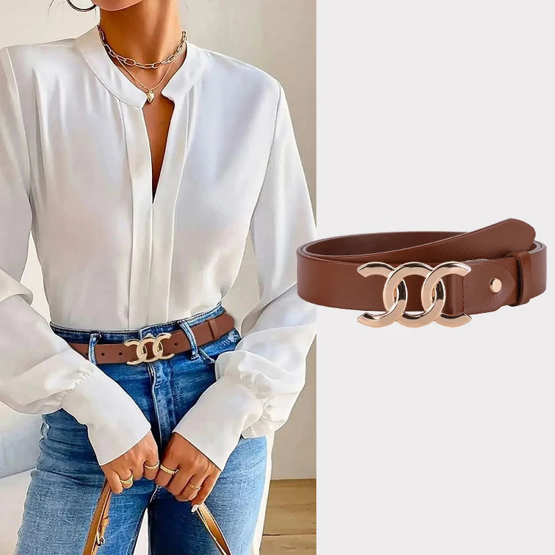 Luxury Leather Belt with Metal Buckle for Women