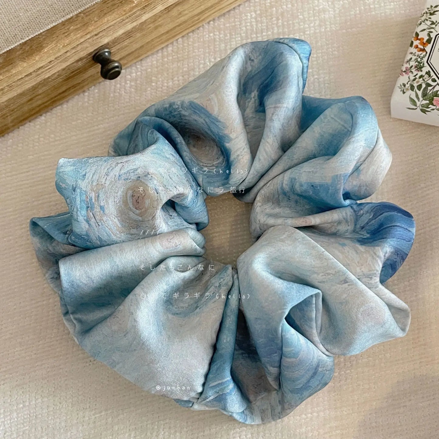 Elegant Blue Satin Bow Hair Scrunchie – Floral Oil Painting Design