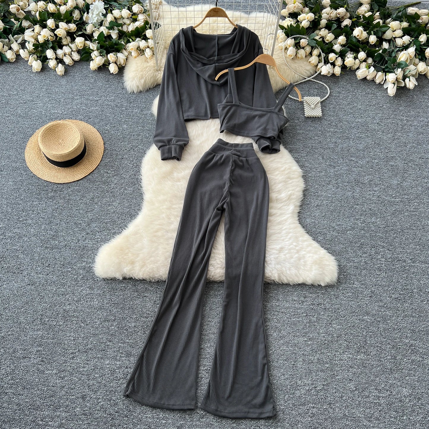 Three-Piece Set – Hoodie + Camisole + Wide Pants