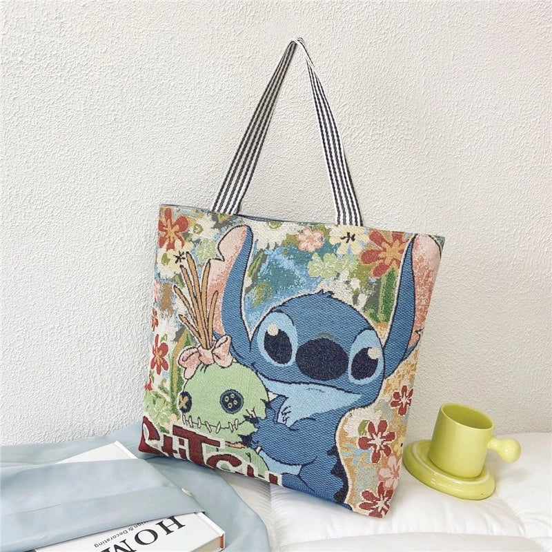 Stitch Canvas Shoulder Bag – Retro Disney Cartoon Tote for Shopping & Storage