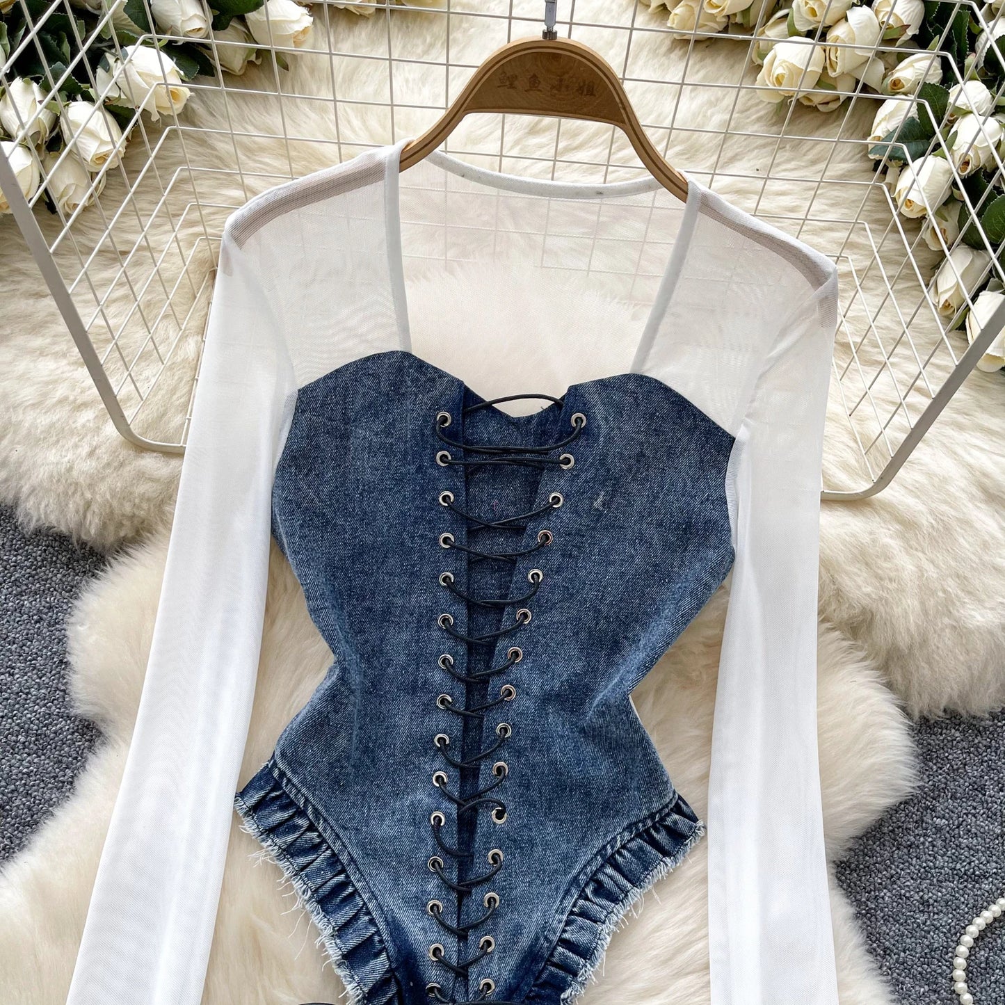 Women's Denim Corset Blouse with Sheer Long Sleeves – Patchwork Style