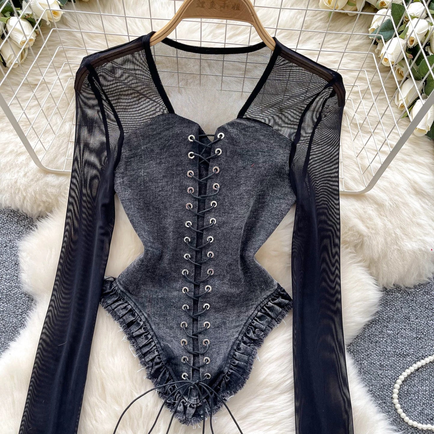 Women's Denim Corset Blouse with Sheer Long Sleeves – Patchwork Style