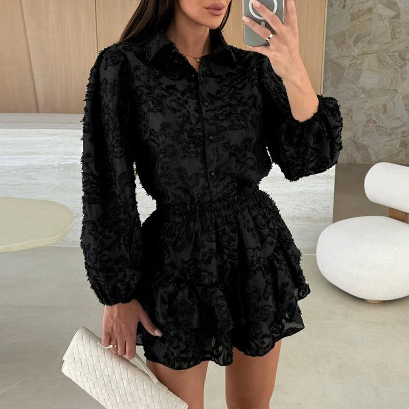 Lace Long Sleeve Shirt and Shorts Set