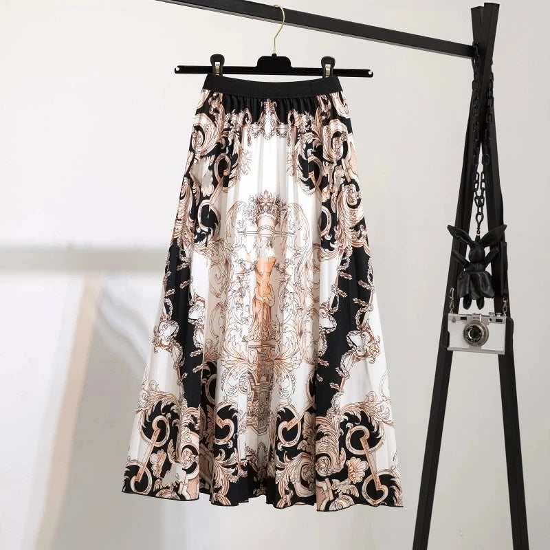 Women’s Cartoon Print Pleated Skirt – High Waist Big Swing Skirt