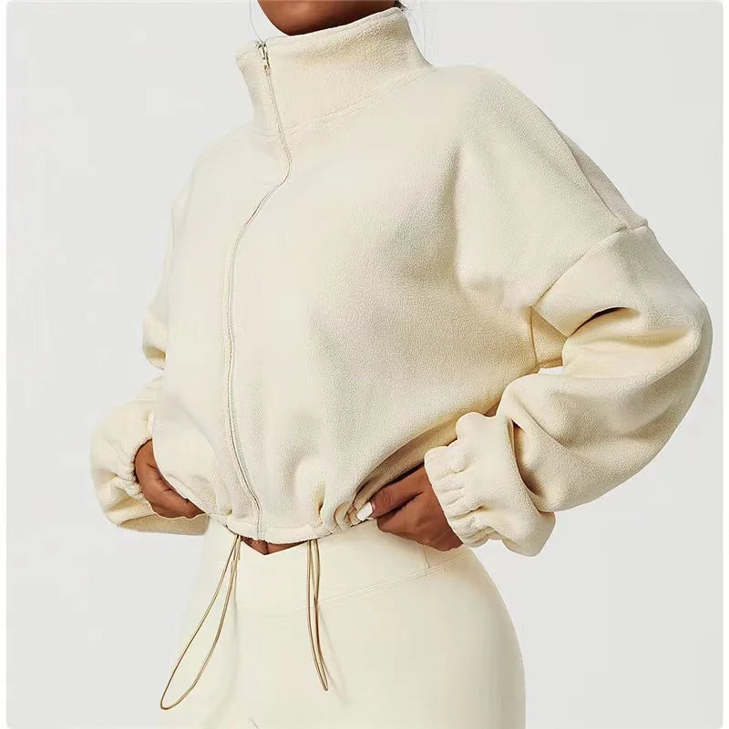 Women’s Fleece-Lined Sports Sweatshirt – Casual Loose Crop Top with Long Sleeves