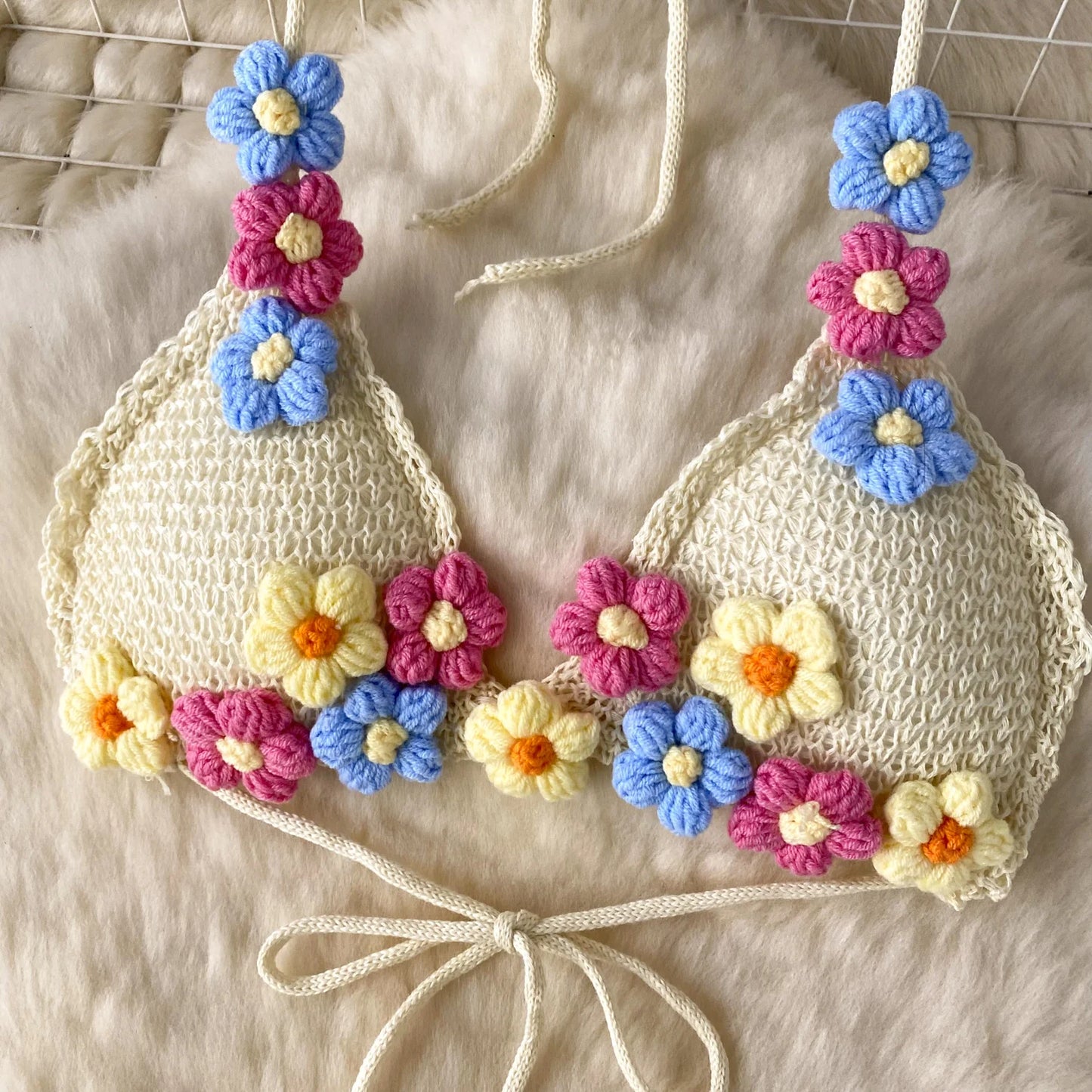 3D Floral Crochet Summer Set – Halter Bra Top + Wide-Leg Shorts