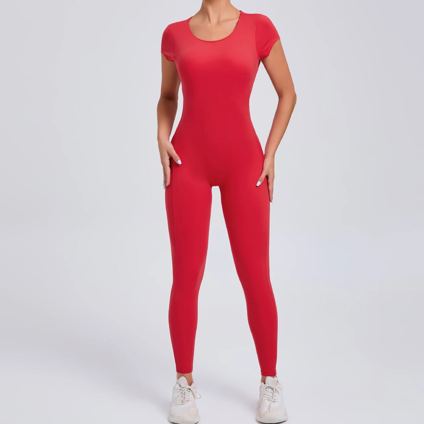 Women's Short Sleeve One-Piece Yoga Jumpsuit – Open Back Fitness Bodysuit