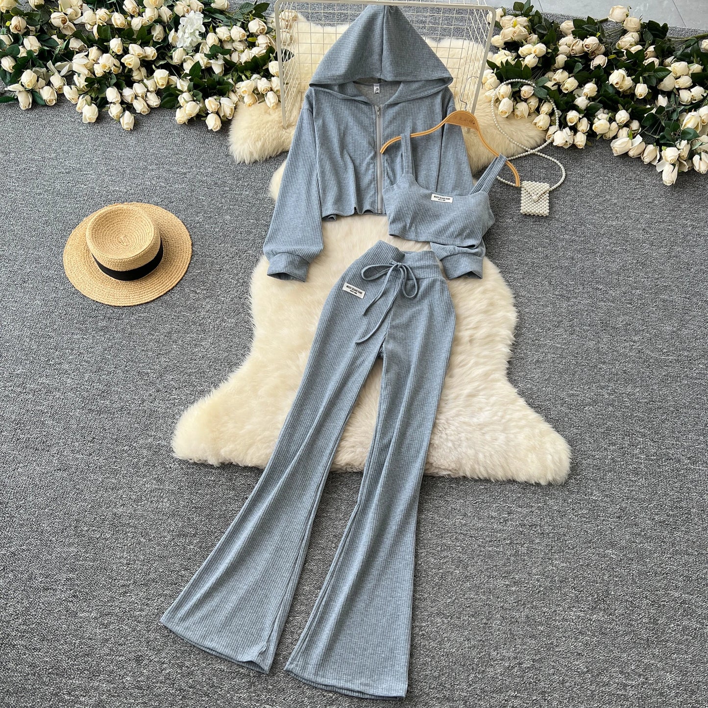Three-Piece Set – Hoodie + Camisole + Wide Pants