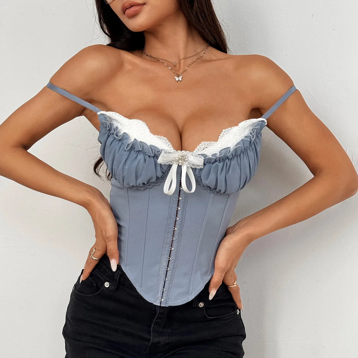 Women’s Lace Bustier Corset Top – Y2K Sexy Spaghetti Strap Bustier
