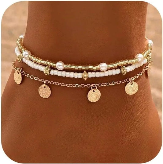 Boho Shell & Pearl Anklet Set – Gold Plated