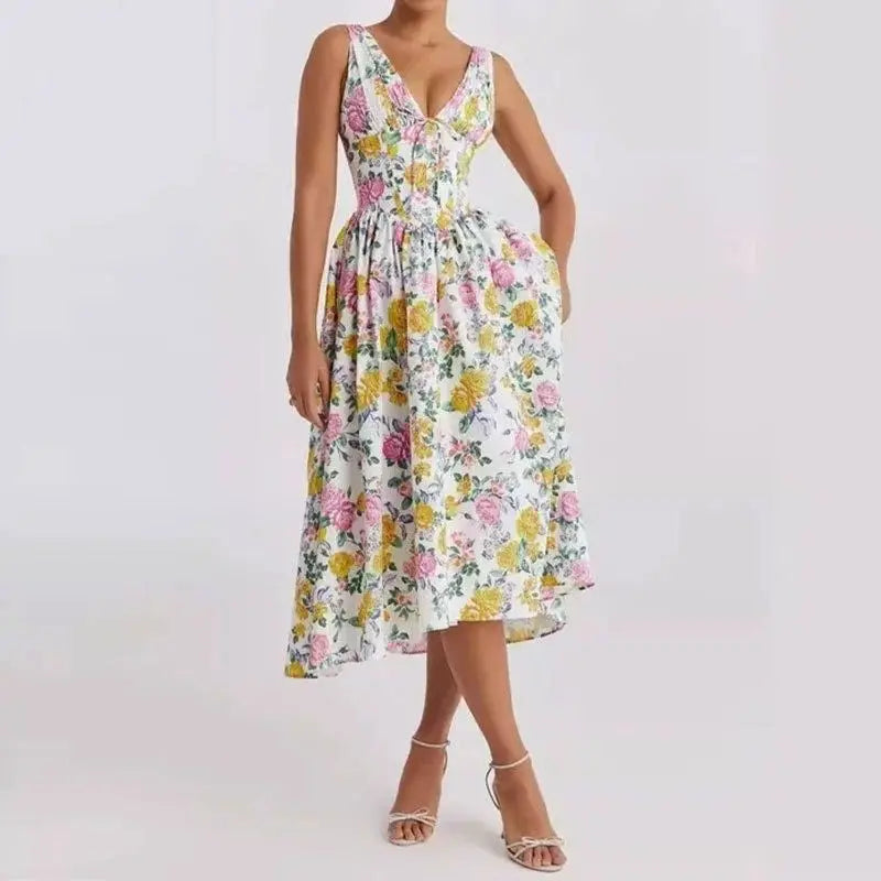Floral V-Neck Pleated Midi Dress