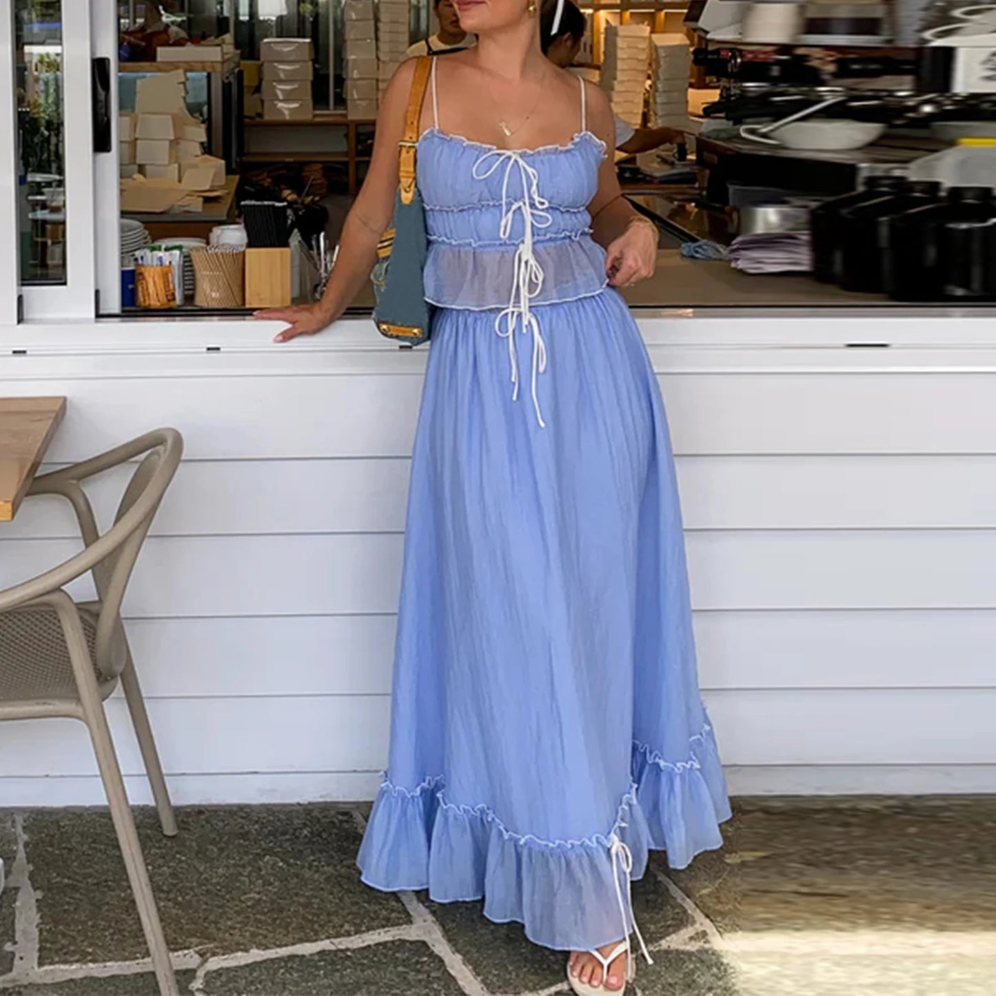Y2K Patchwork Tie-Up Cami Top & Ruffle Maxi Skirt Set – Summer Beachwear
