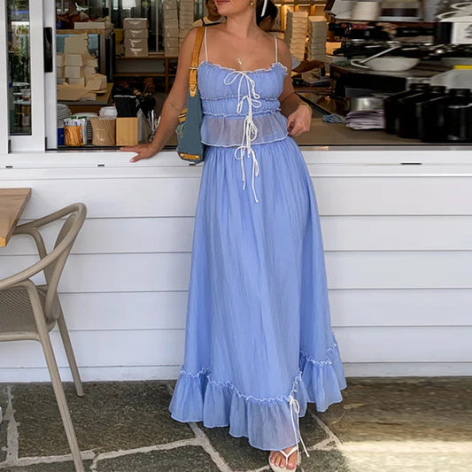 Y2K Patchwork Tie-Up Cami Top & Ruffle Maxi Skirt Set – Summer Beachwear
