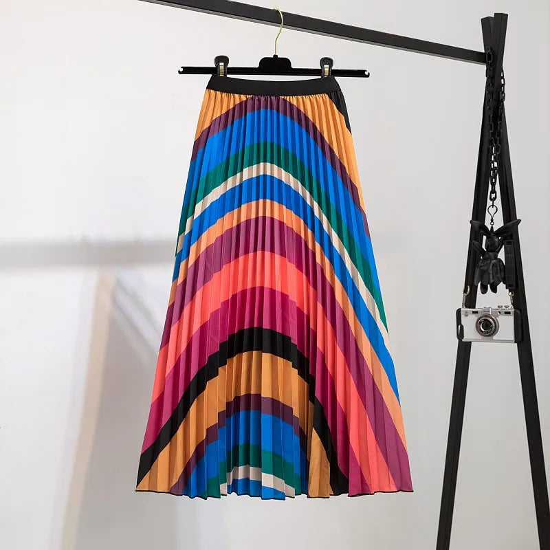 Women’s Cartoon Print Pleated Skirt – High Waist Big Swing Skirt