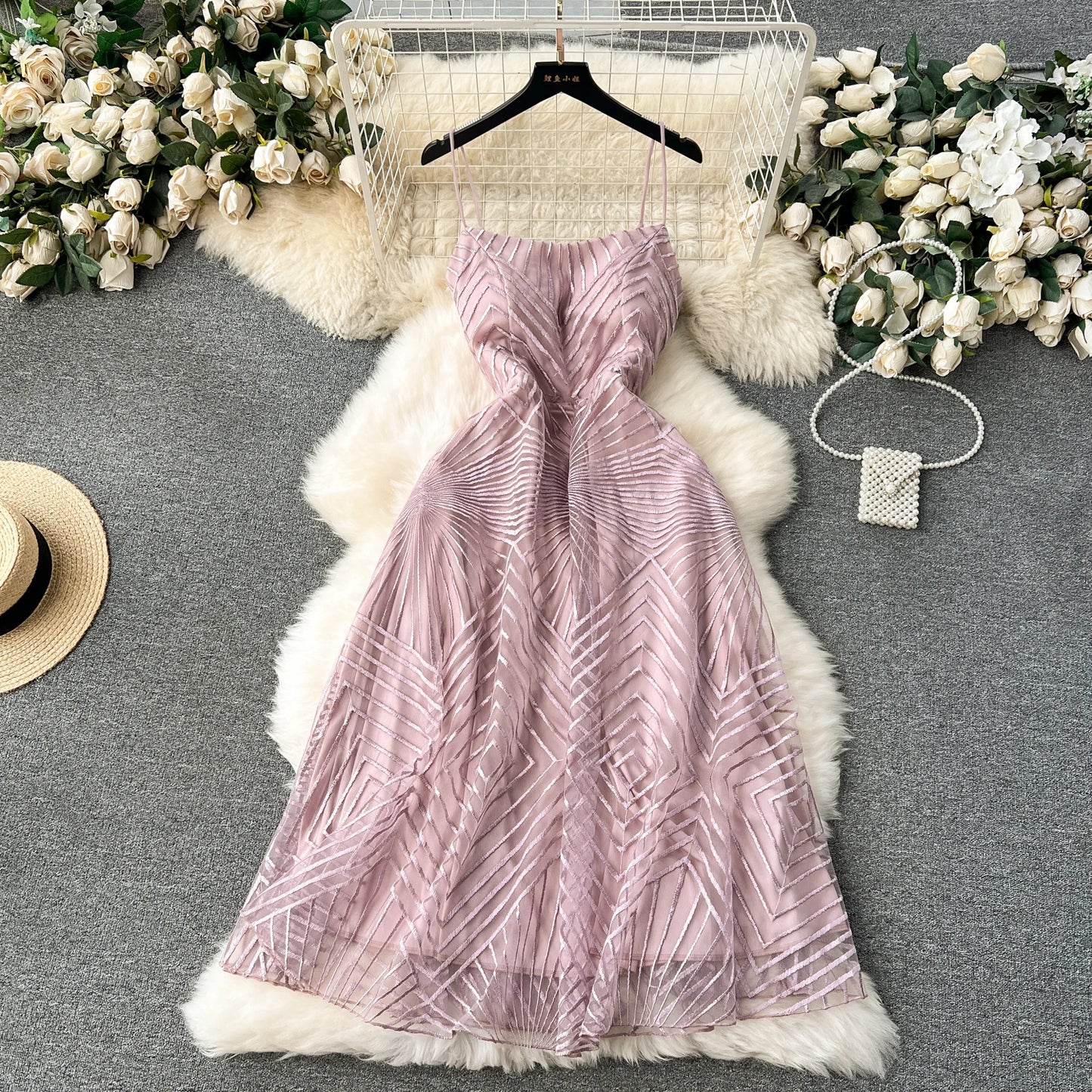 Luxury Mesh Party Dress – Embroidered Spaghetti Strap Gown