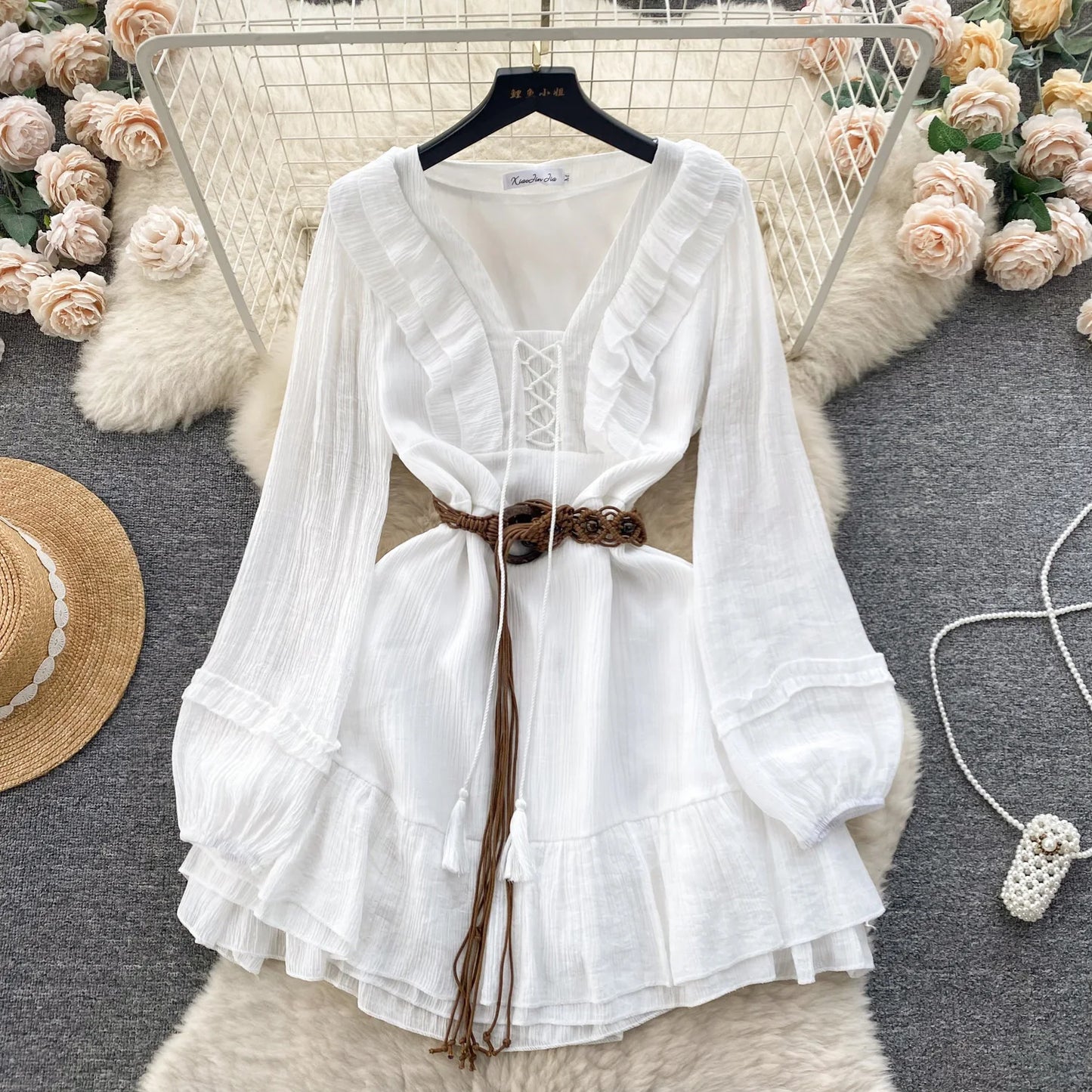White Boho Ruffle Midi Dress – Lace-Up V-Neck