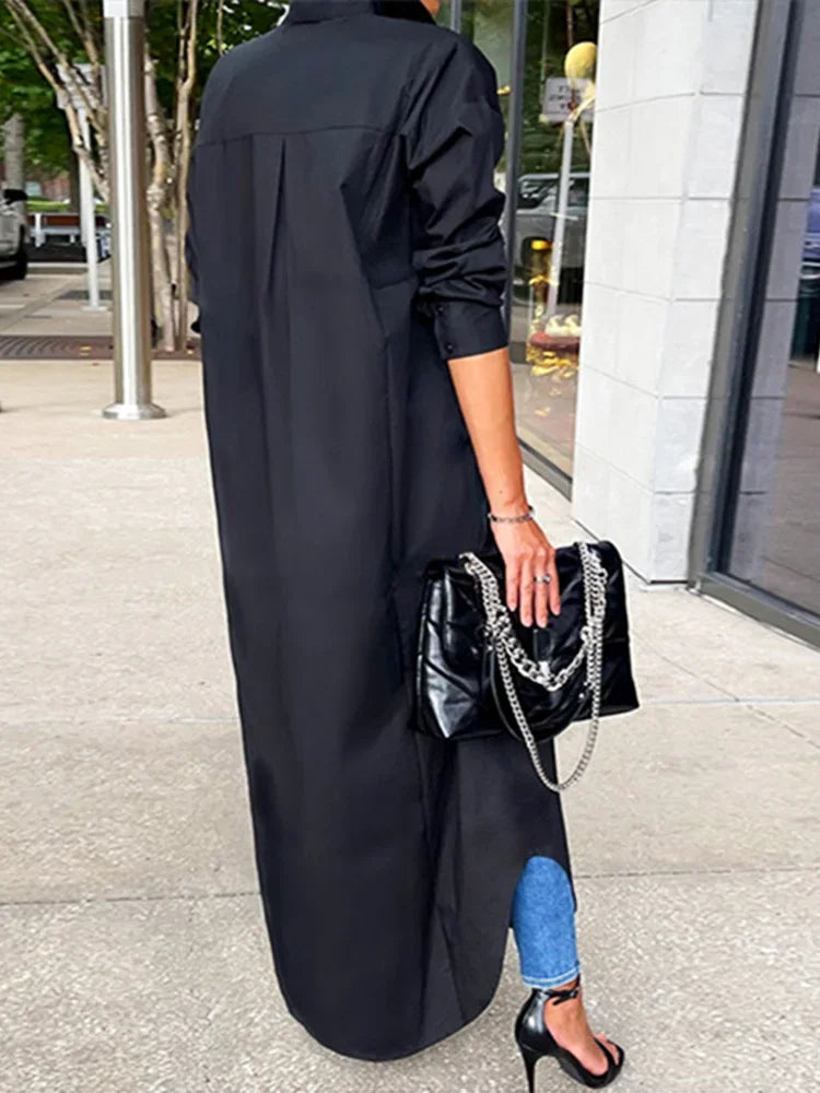 Long Shirt Dress with Lapel Collar