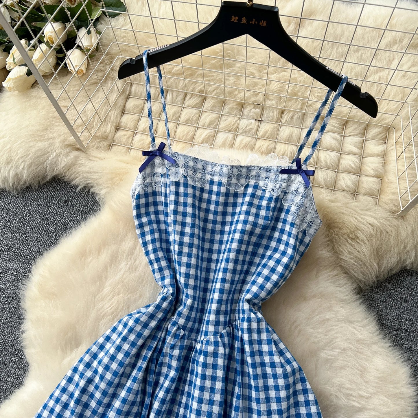 Blue Plaid Lace-Trim Vintage Sundress