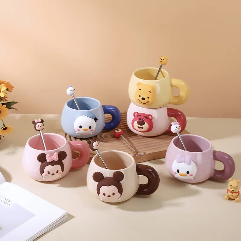 Disney Ceramic Mug with Lid & Spoon – Cute Mickey, Minnie & Lotso Design