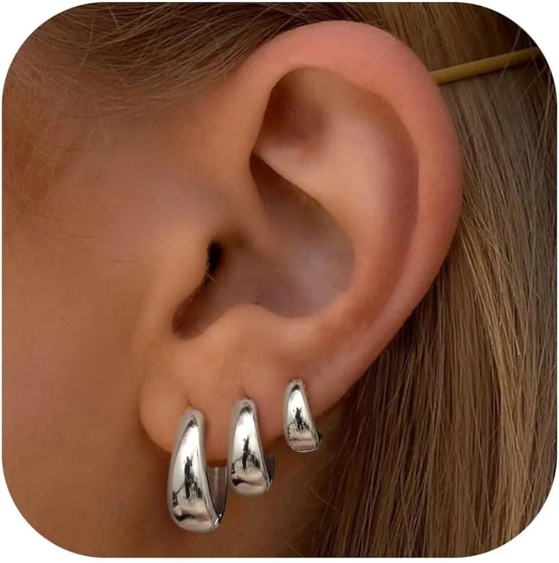 3-Piece Chunky Dome Hoop Earrings Set – Gold & Silver