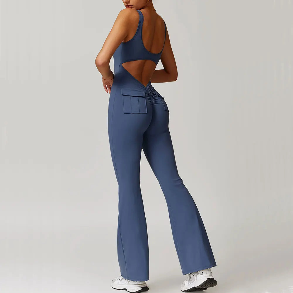 Women's V-Back Pocket Jumpsuit – Flared Leg Fitness Bodysuit