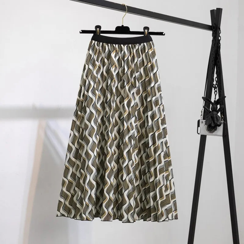 Women’s Cartoon Print Pleated Skirt – High Waist Big Swing Skirt