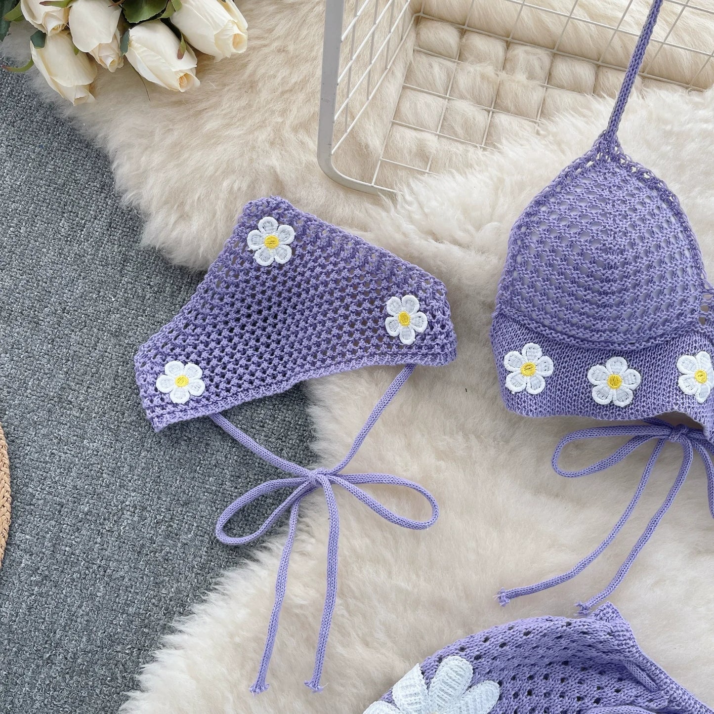 Korean Style Hollow Crochet 2-Piece Set – Halter Tie Front Top + Drawstring Split Mini Skirt with Flowers