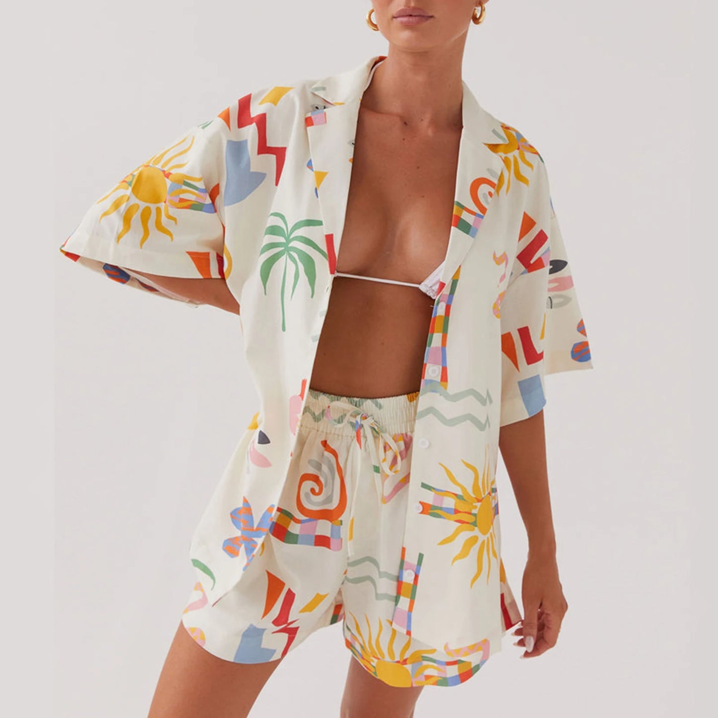 Women’s Casual 2 Piece Summer Set – Sun Print Button-Up Short Sleeve Shirt + Drawstring Shorts