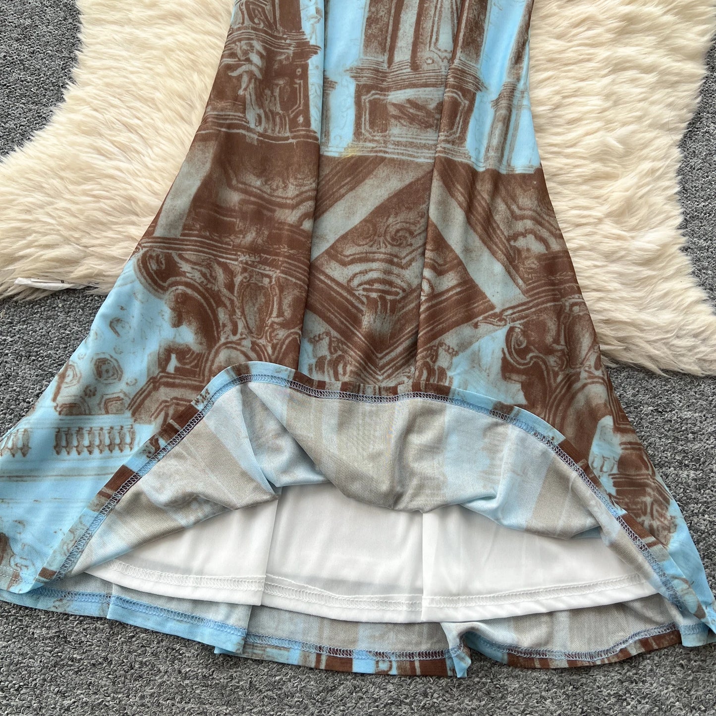 French Print Fishtail Sheath Dress with Spaghetti Straps