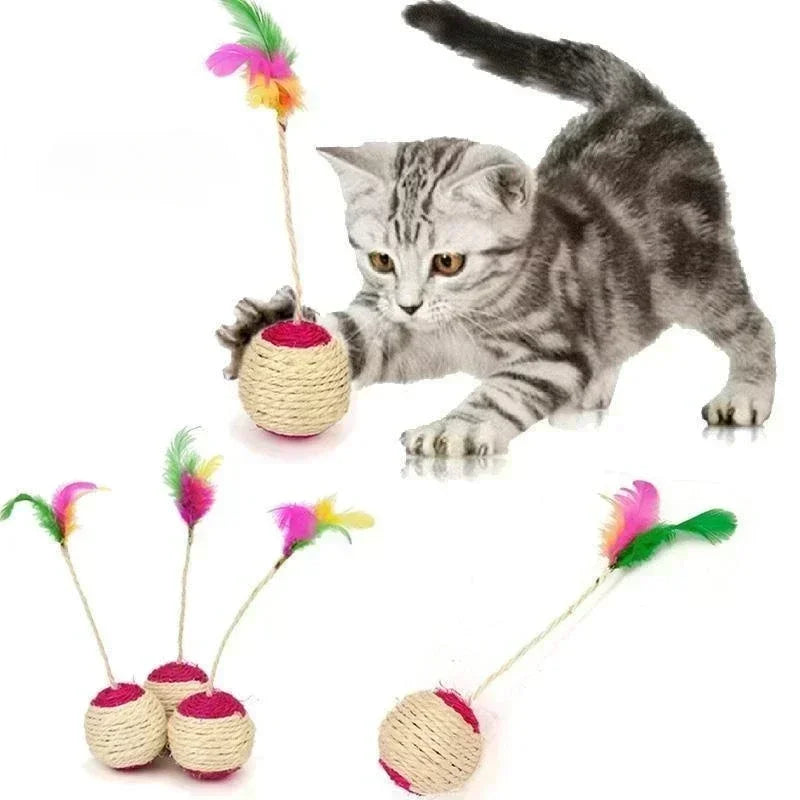 Interactive Sisal Ball Cat Toy with Feathers
