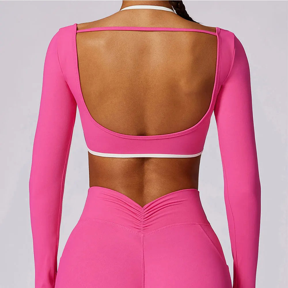 Long Sleeve Hollow-Back Yoga Top – Dry Fit Elastic Fitness Shirt
