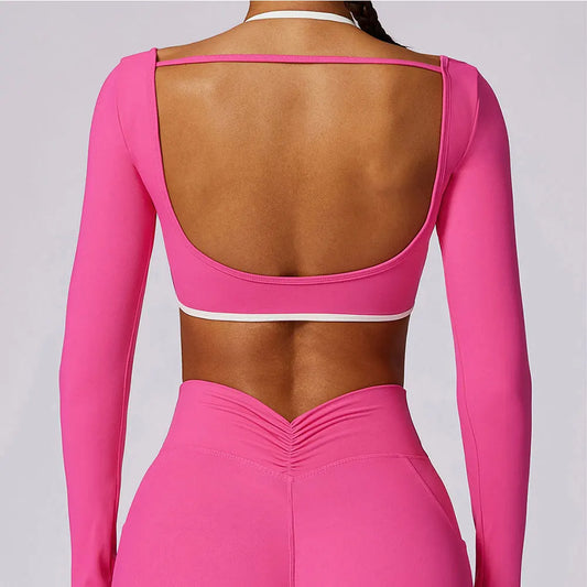 Long Sleeve Hollow-Back Yoga Top – Dry Fit Elastic Fitness Shirt