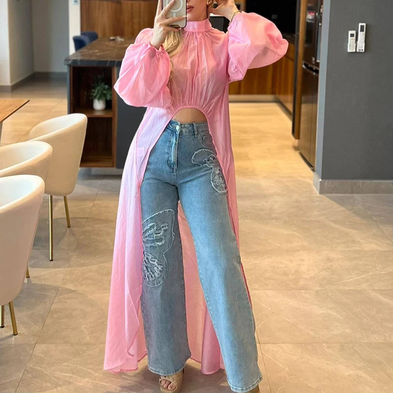 Asymmetrical Long Puff Sleeve Blouse