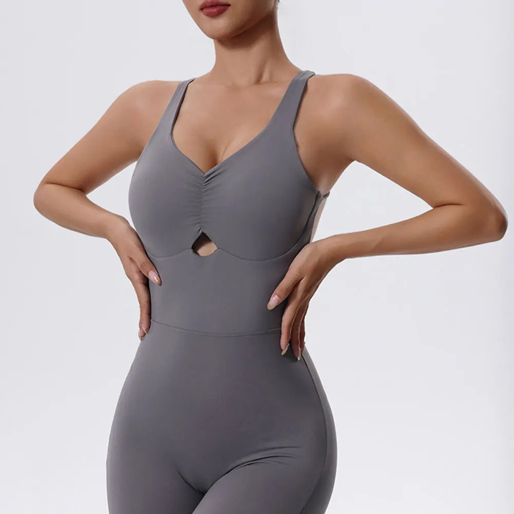 Women’s Stretch Yoga Gym Jumpsuit – Open Back Push-Up Fitness Bodysuit
