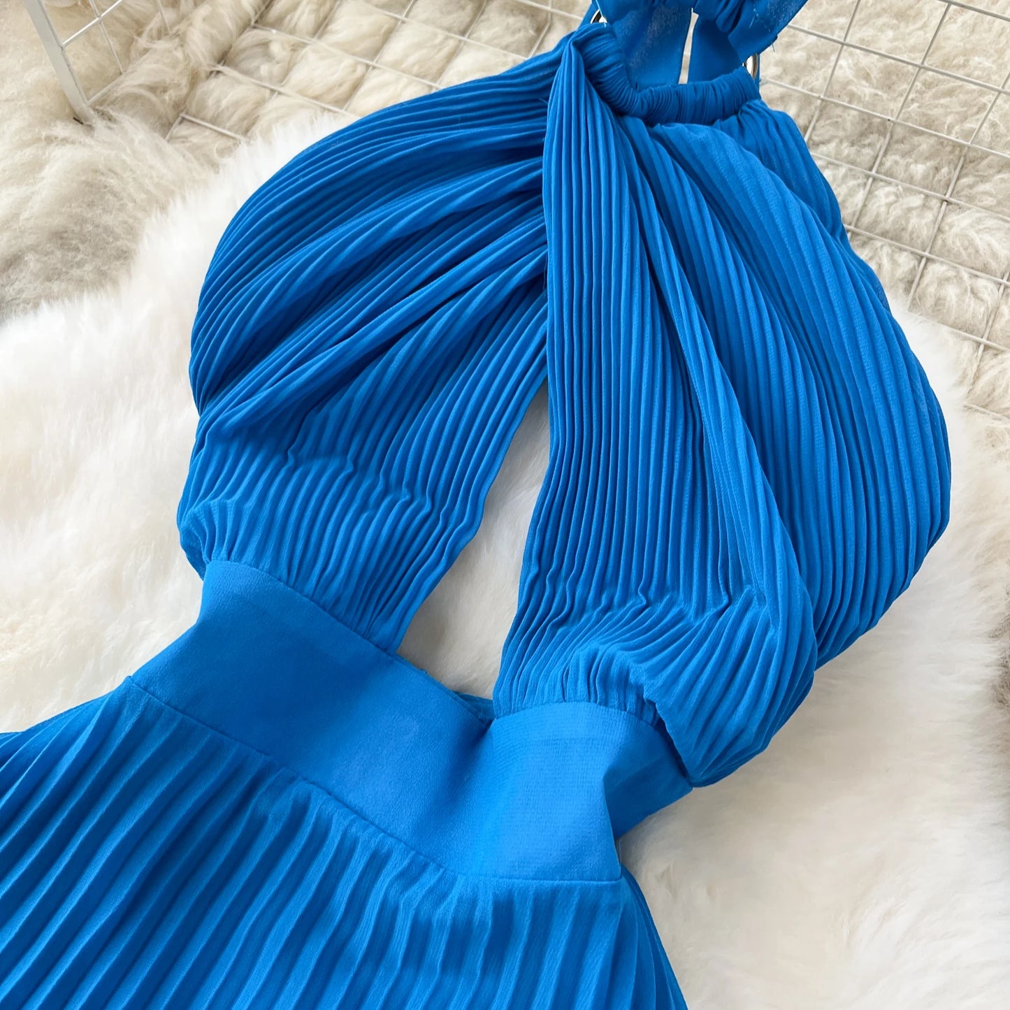 Pleated Halter Neck Vacation Dress – Backless Irregular Chic Beach Party Dress