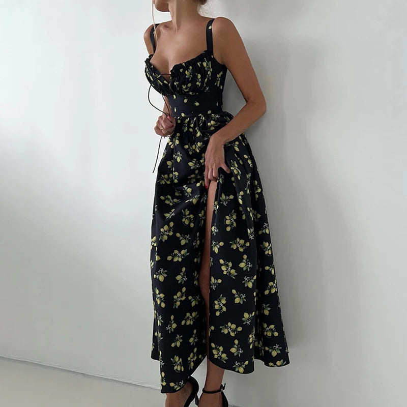 Printed Long Summer Dress with Slit and Spaghetti Straps