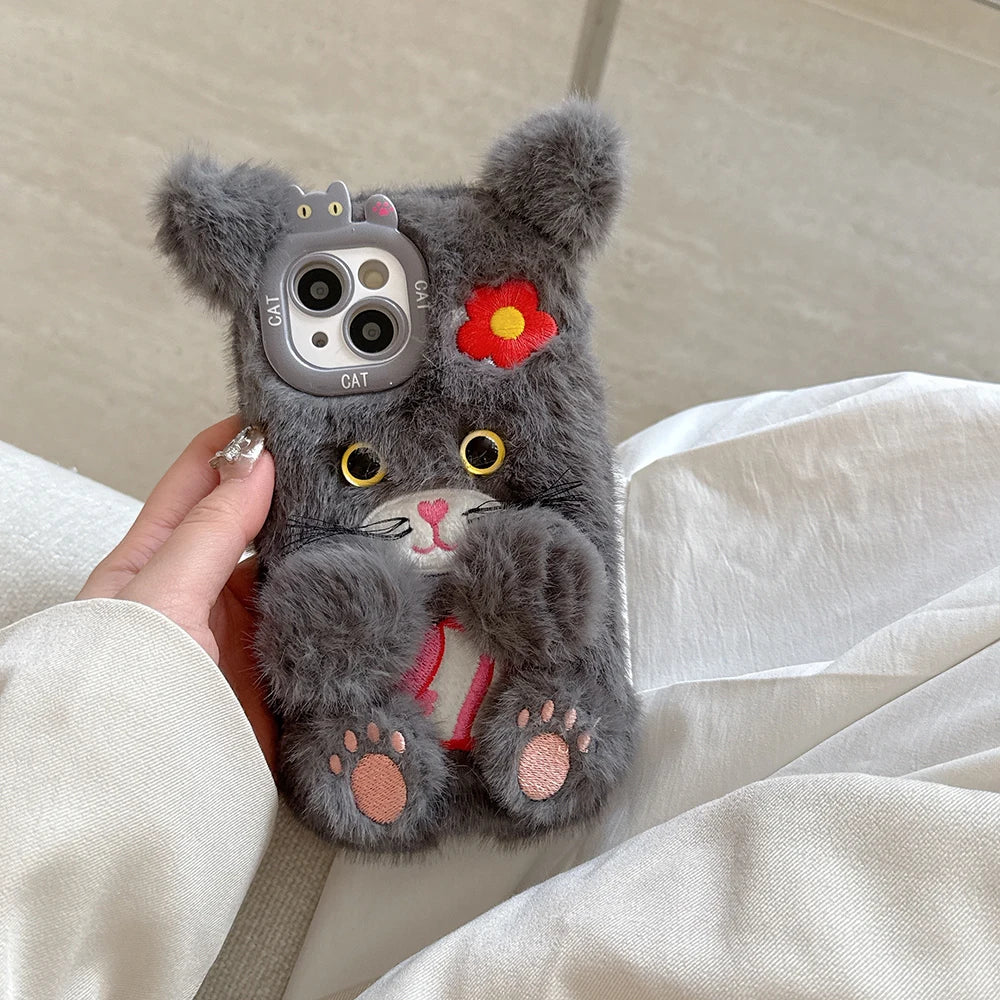 Funny Cat or Bear Furry Soft Plush Phone Case – For iPhone 11 to 16 Pro Max