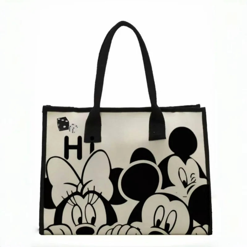 Disney Mickey & Minnie Canvas Tote – Large Capacity Graffiti Style Shoulder Bag for Daily & Student Use