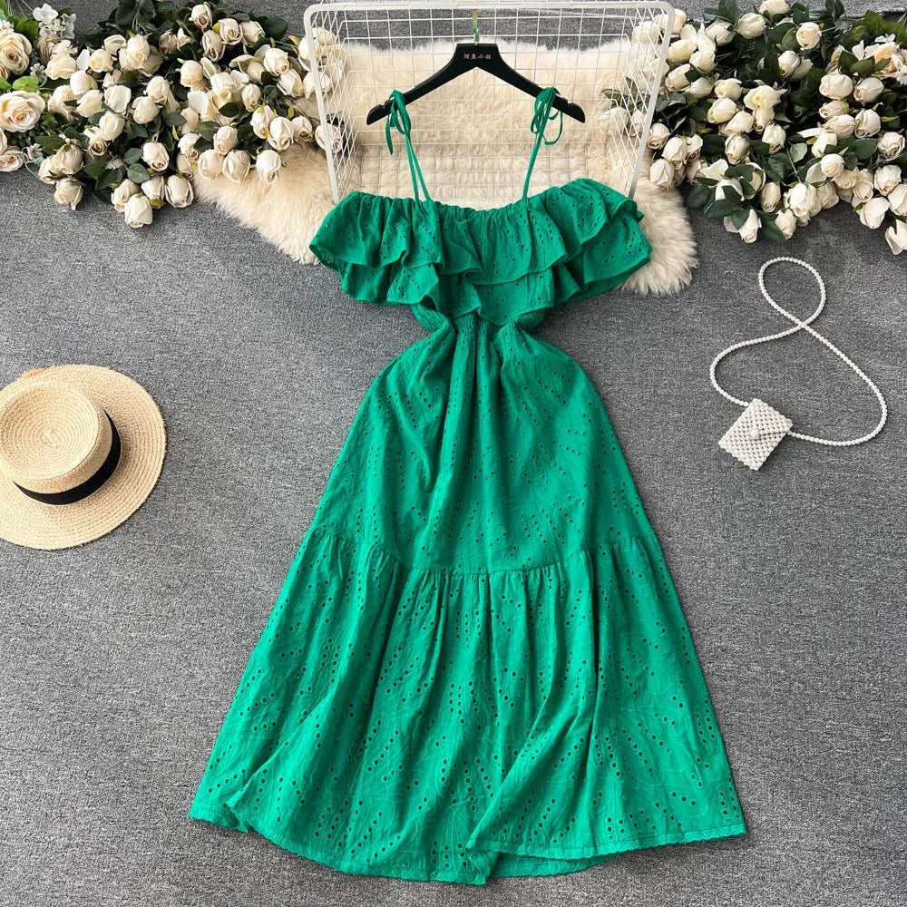 High Street Cotton Embroidery Off-Shoulder Backless Beach Dress – Long Summer Sundress