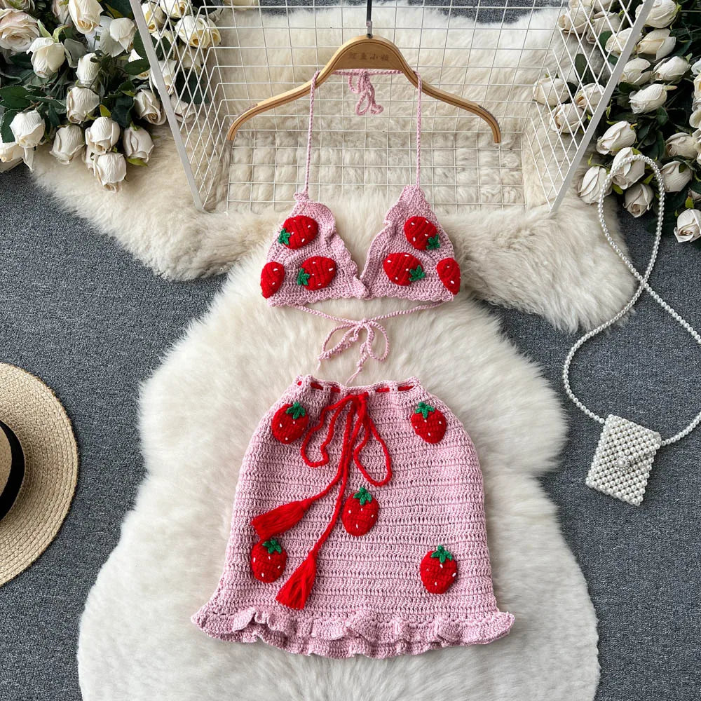 Summer Crochet Set with Strawberry Details – Strap Top + Mini Skirt